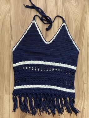 Lovemarks Navy Crochet Fringe Halter Top with Cream Trim Size Small